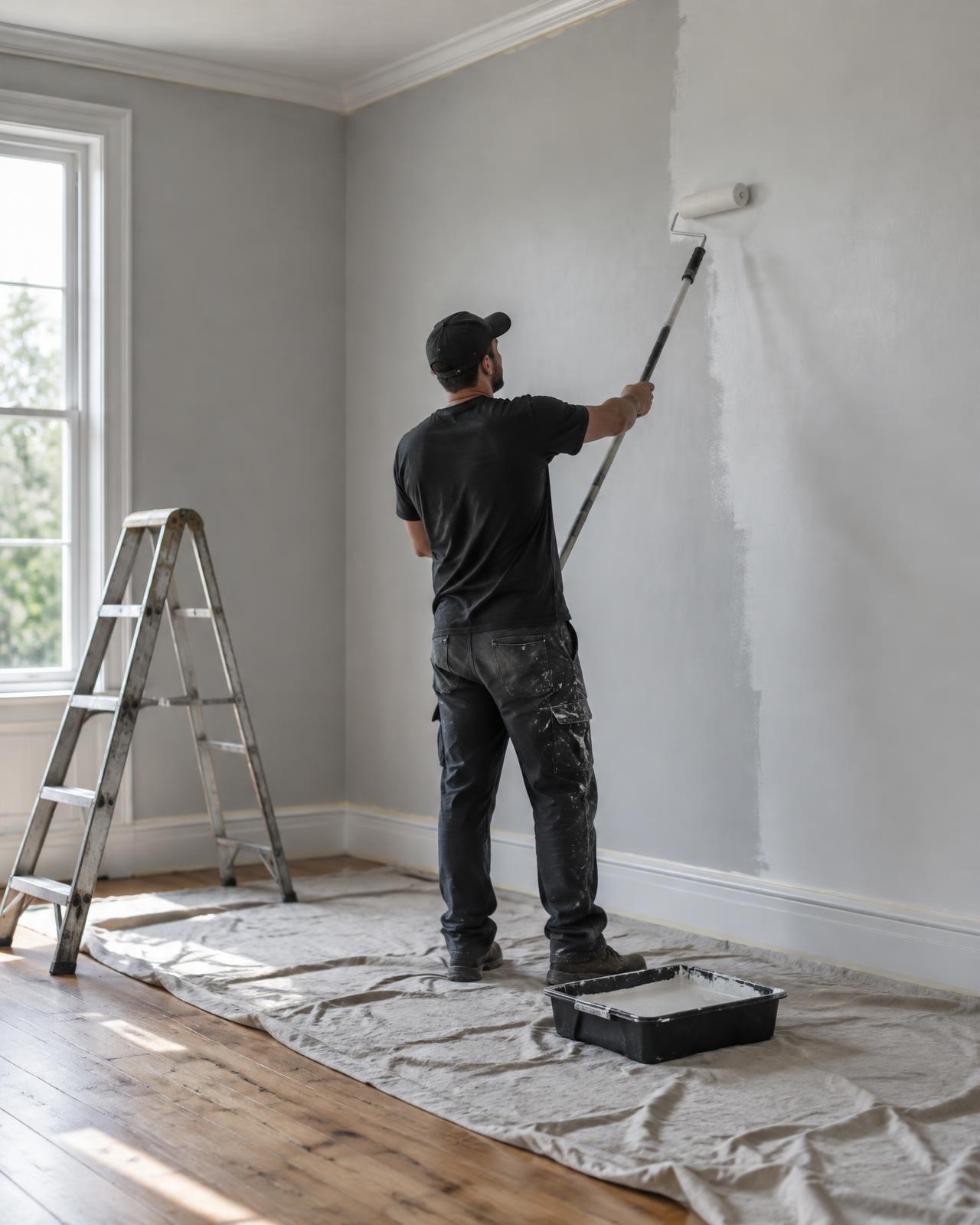 Painter rolling paint onto a wall at a Whale Maintenance job